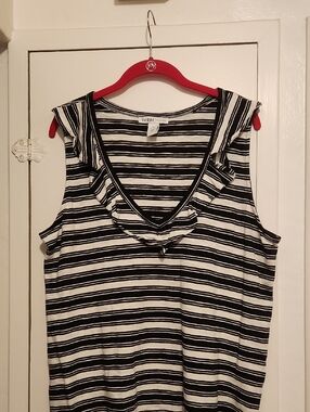 🔥White House Black Market Black & White Striped V-Neck Ruffle Tank